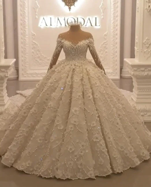 Ball Gown Long Sleeves Wedding Dresses With Appliques Flowers Beadings - Image 3