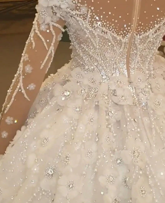 Ball Gown Long Sleeves Wedding Dresses With Appliques Flowers Beadings - Image 6