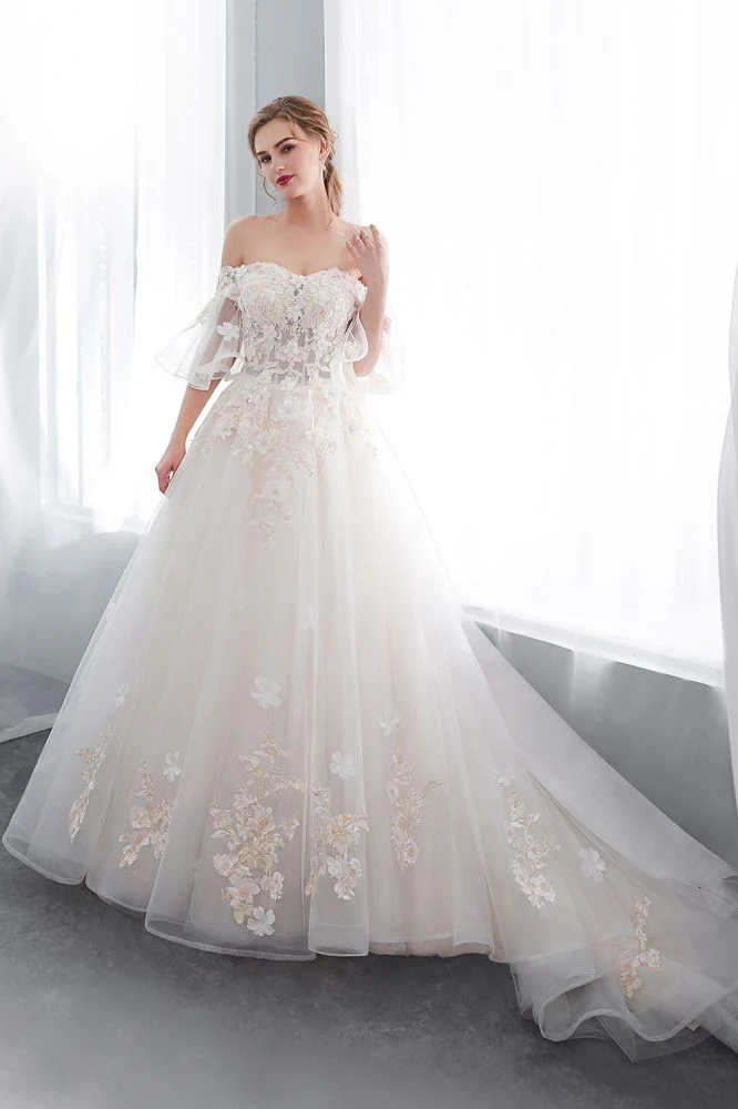 Ball Gown Off the shoulder Floor Length Appliques Tulle Wedding Dresses - Image 3