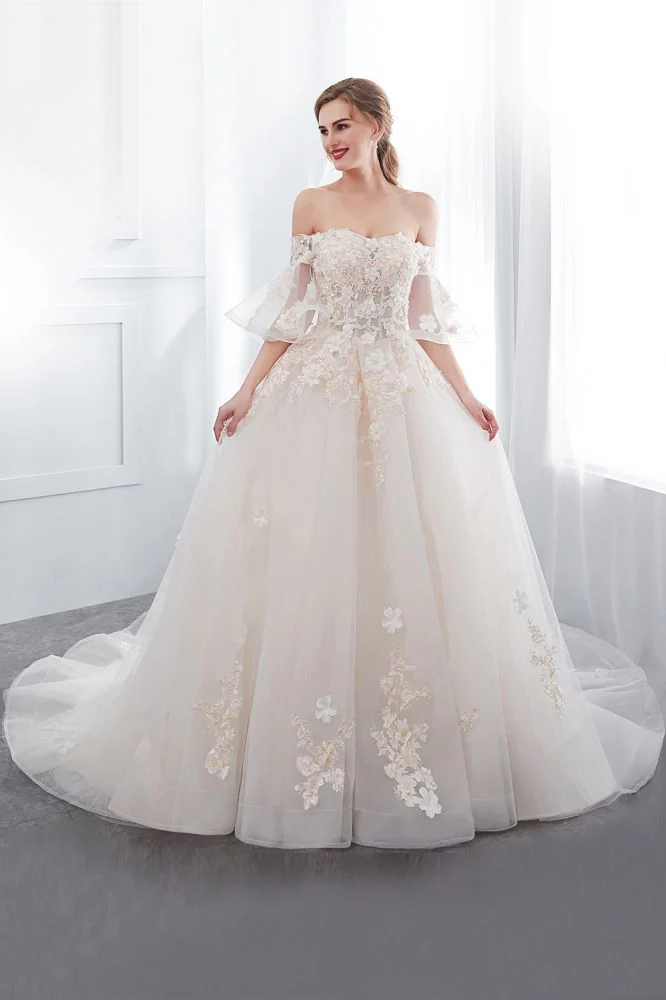 Ball Gown Off the shoulder Floor Length Appliques Tulle Wedding Dresses - Image 4