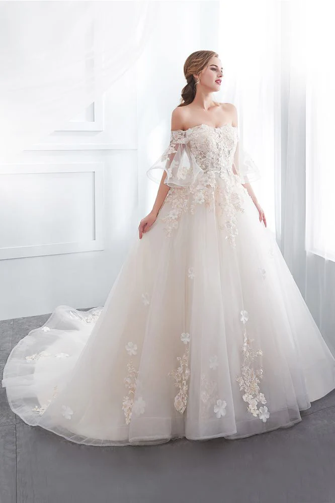 Ball Gown Off the shoulder Floor Length Appliques Tulle Wedding Dresses - Image 5