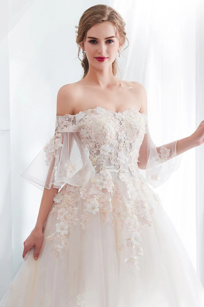 Ball Gown Off the shoulder Floor Length Appliques Tulle Wedding Dresses - Image 7