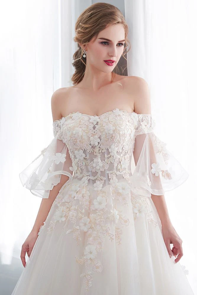 Ball Gown Off the shoulder Floor Length Appliques Tulle Wedding Dresses - Image 8