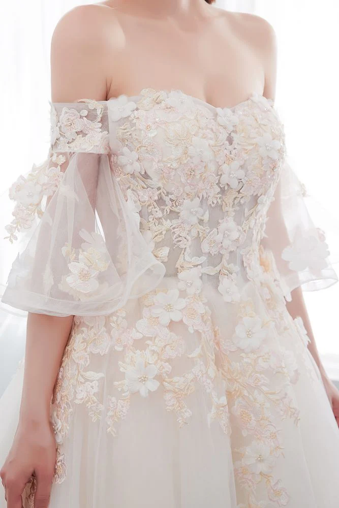 Ball Gown Off the shoulder Floor Length Appliques Tulle Wedding Dresses - Image 9