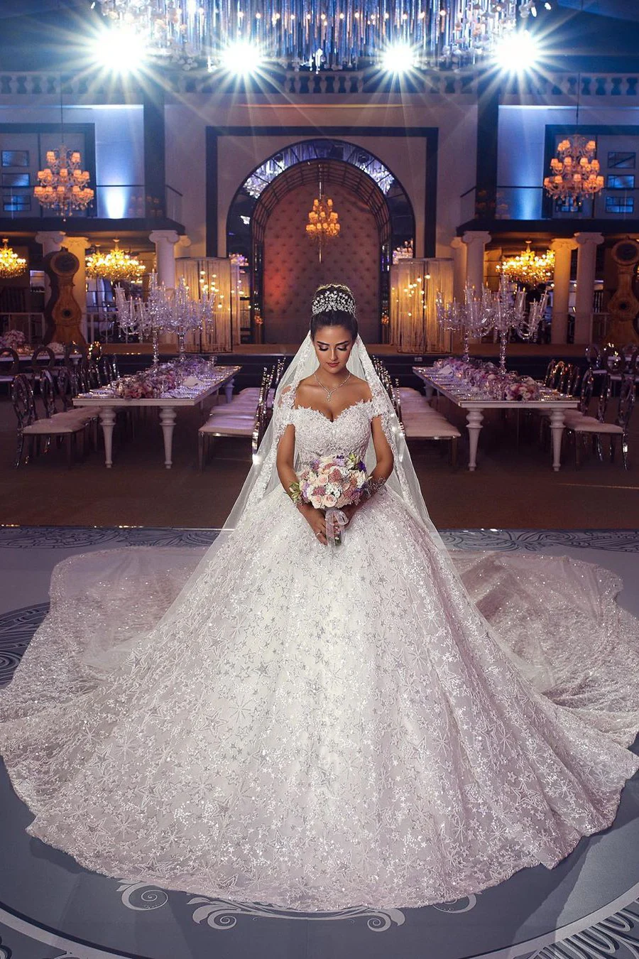 Ball Gown Off-the-shoulder Floor Length Tulle Lace Applique Crochet Flower Wedding Dress - Image 4