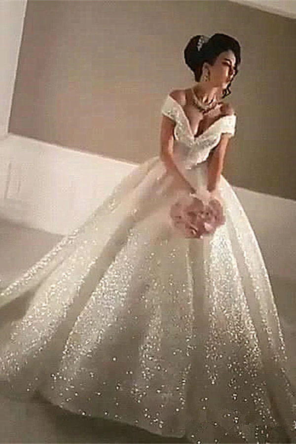 Ball Gown Off-the-Shoulder Sequined Floor-length Sleeveless Wedding Dress - Image 3