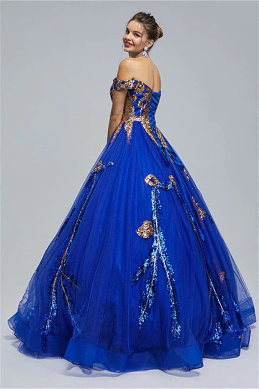 Ball Gown Off-the-shoulder Sweetheart Tulle Applique Floor-length Backless Prom Dress - Image 2