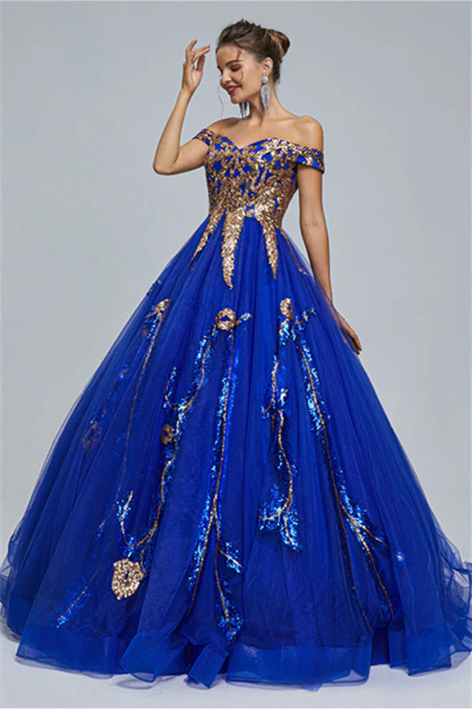 Ball Gown Off-the-shoulder Sweetheart Tulle Applique Floor-length Backless Prom Dress - Image 4