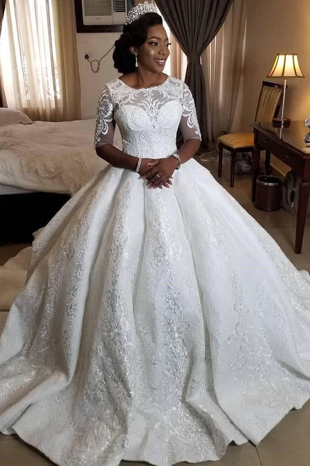 Ball Gown Round Collar Long Sleeves Floor Length Charmeuse Crochet Flower Wedding Dress - Image 2