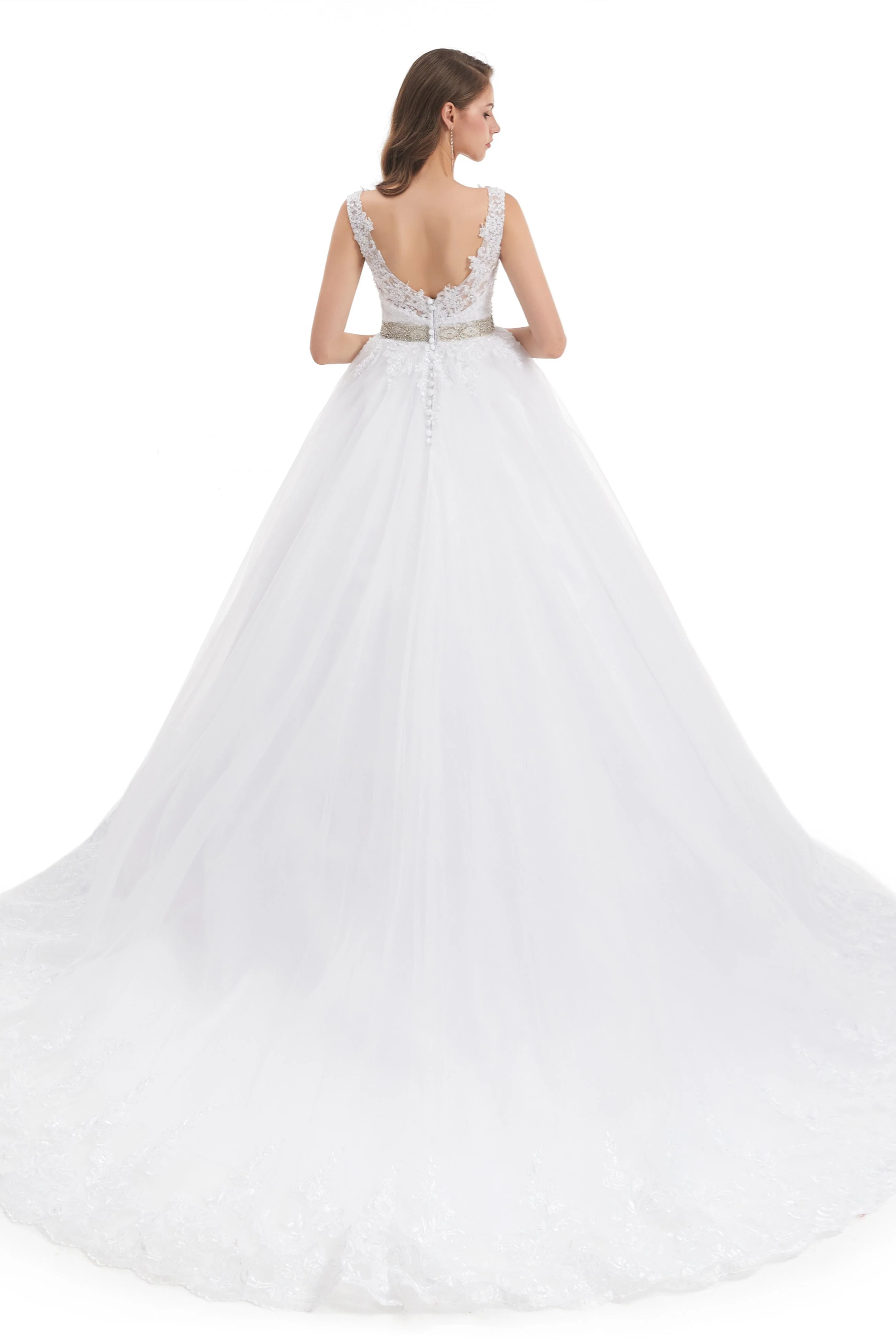 Ball Gown Round Sequined Floor-length Sleeveless Open Back Appliques Lace Wedding Dress - Image 2
