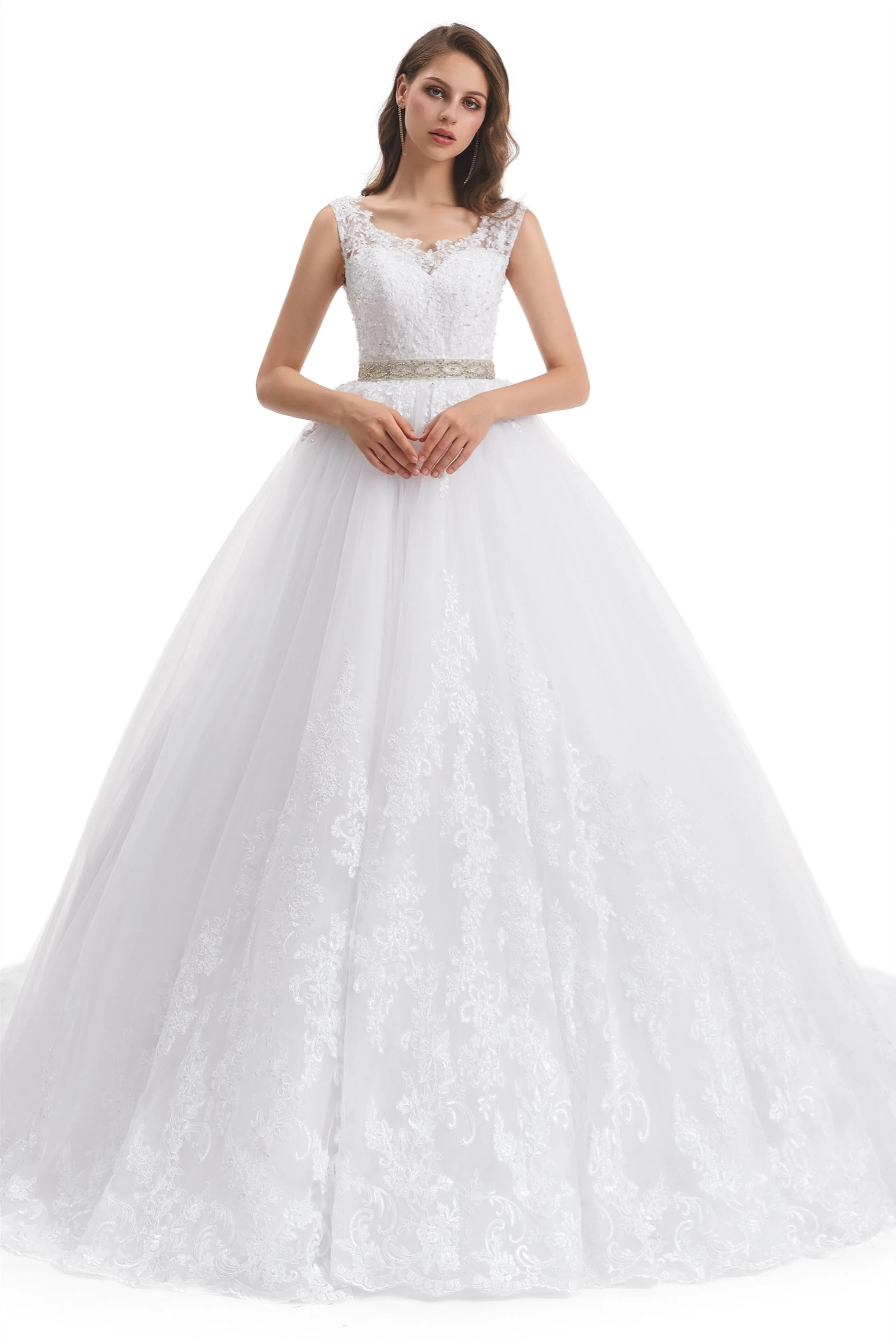 Ball Gown Round Sequined Floor-length Sleeveless Open Back Appliques Lace Wedding Dress - Image 3