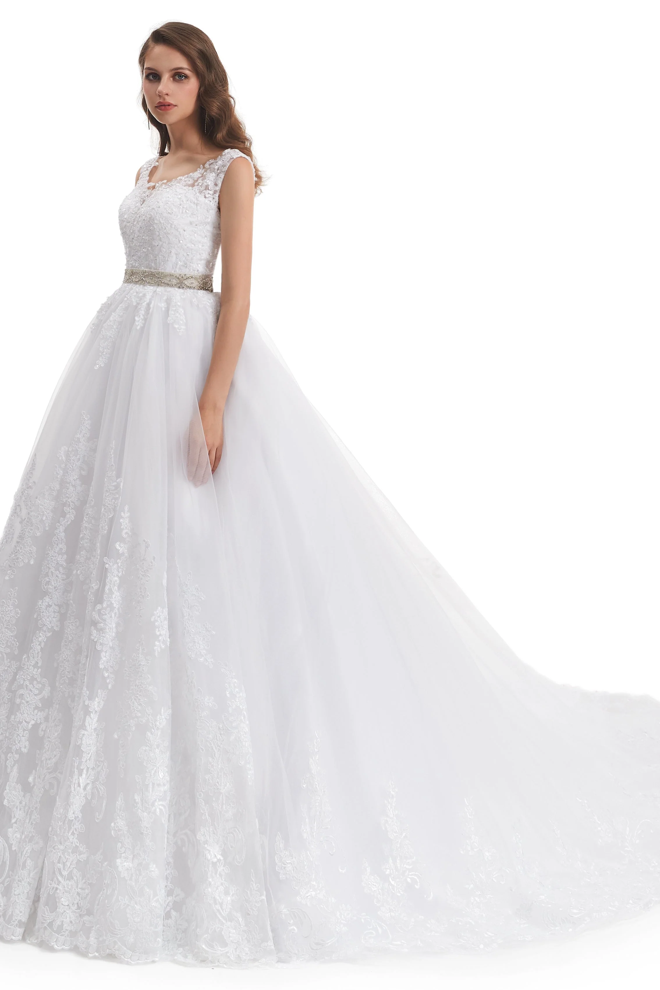 Ball Gown Round Sequined Floor-length Sleeveless Open Back Appliques Lace Wedding Dress - Image 4