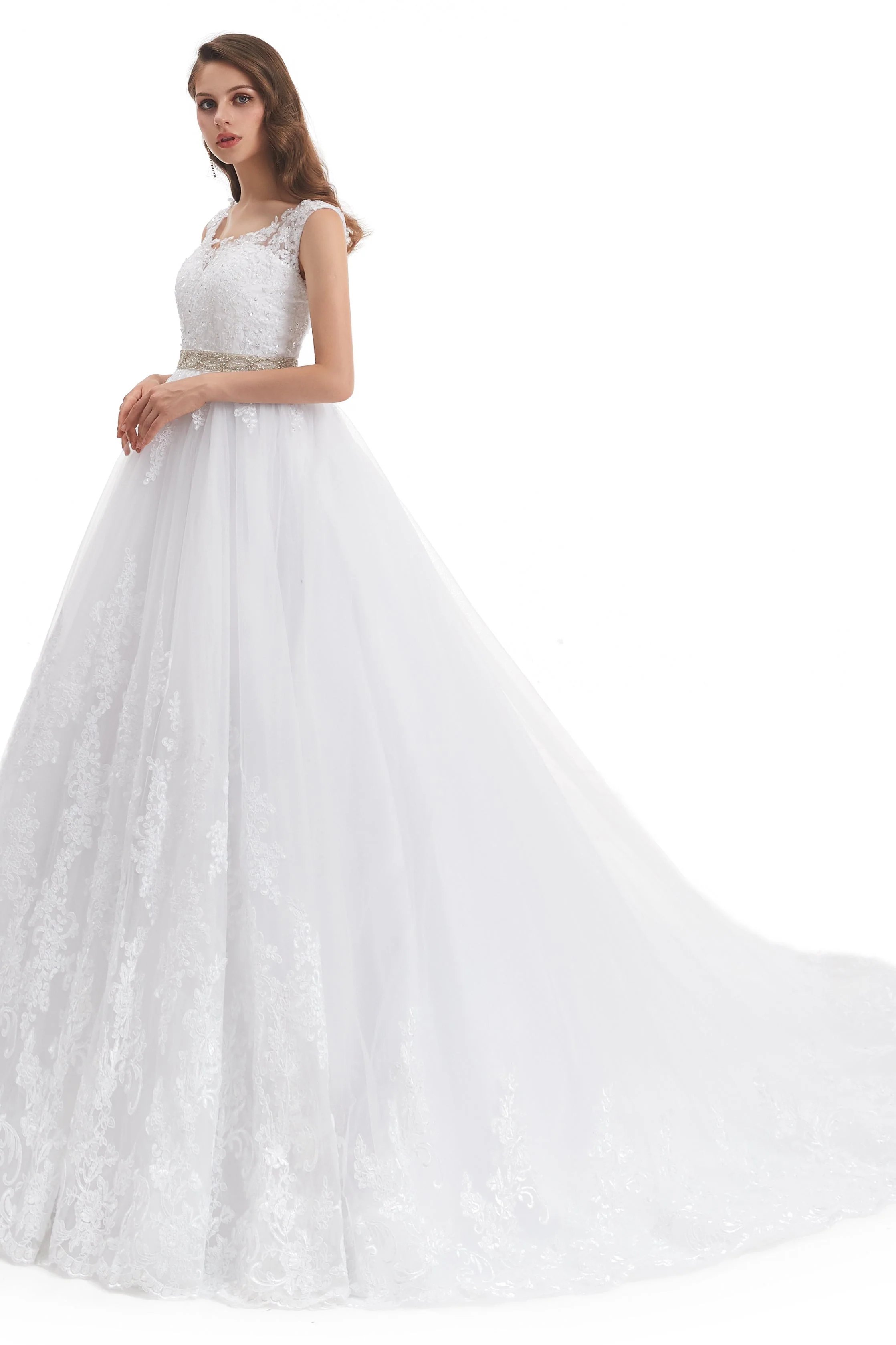 Ball Gown Round Sequined Floor-length Sleeveless Open Back Appliques Lace Wedding Dress - Image 5