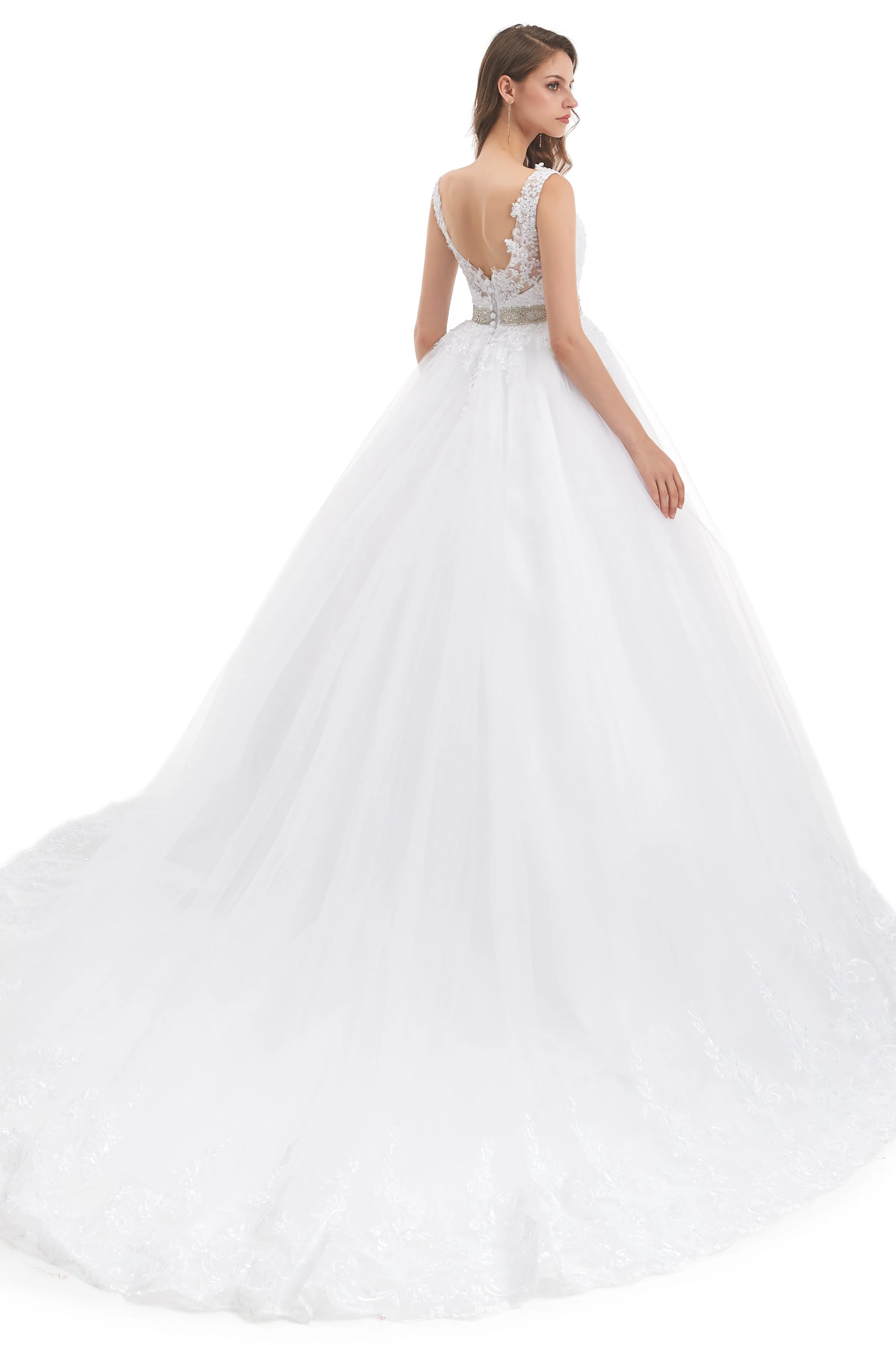 Ball Gown Round Sequined Floor-length Sleeveless Open Back Appliques Lace Wedding Dress - Image 6