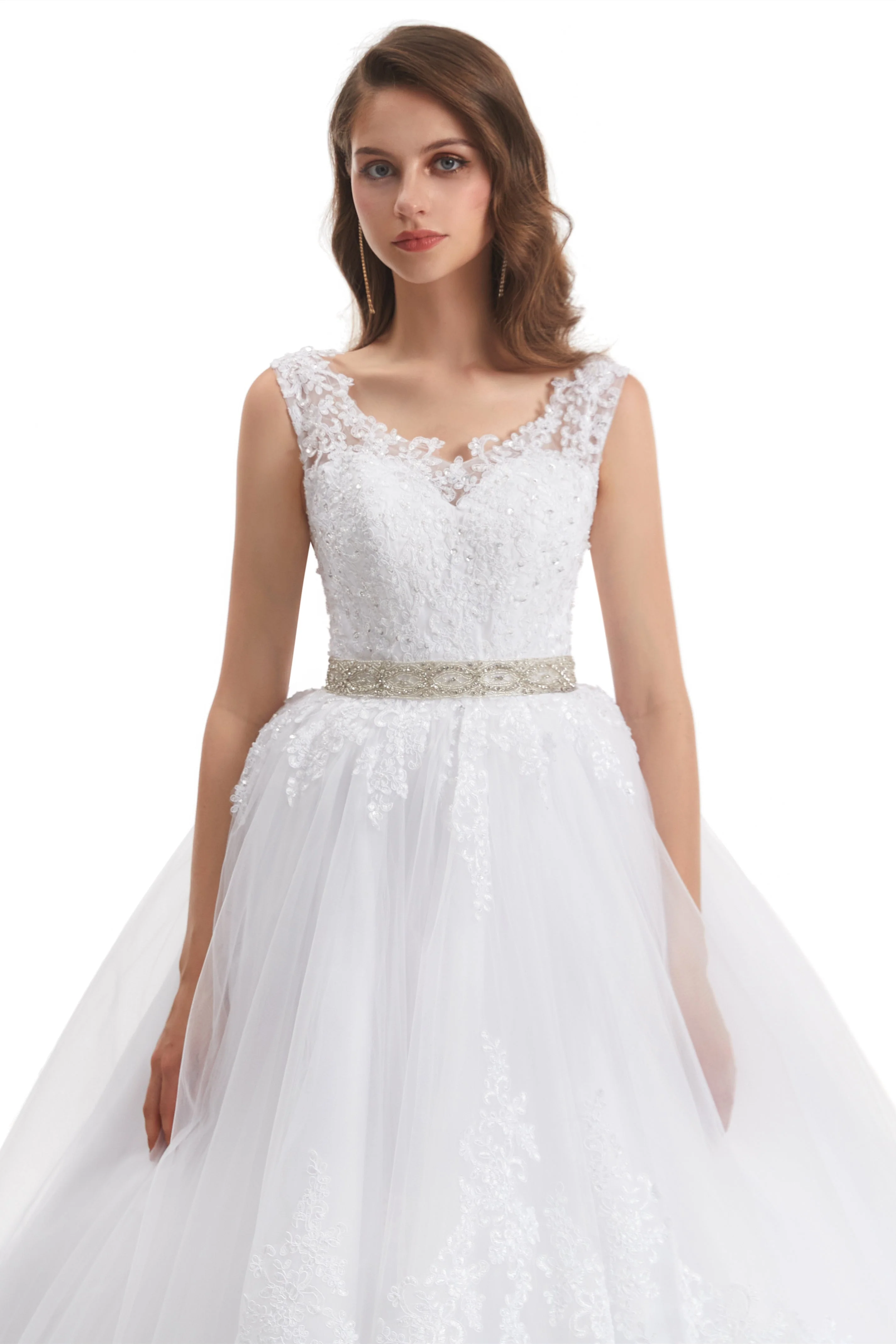 Ball Gown Round Sequined Floor-length Sleeveless Open Back Appliques Lace Wedding Dress - Image 7