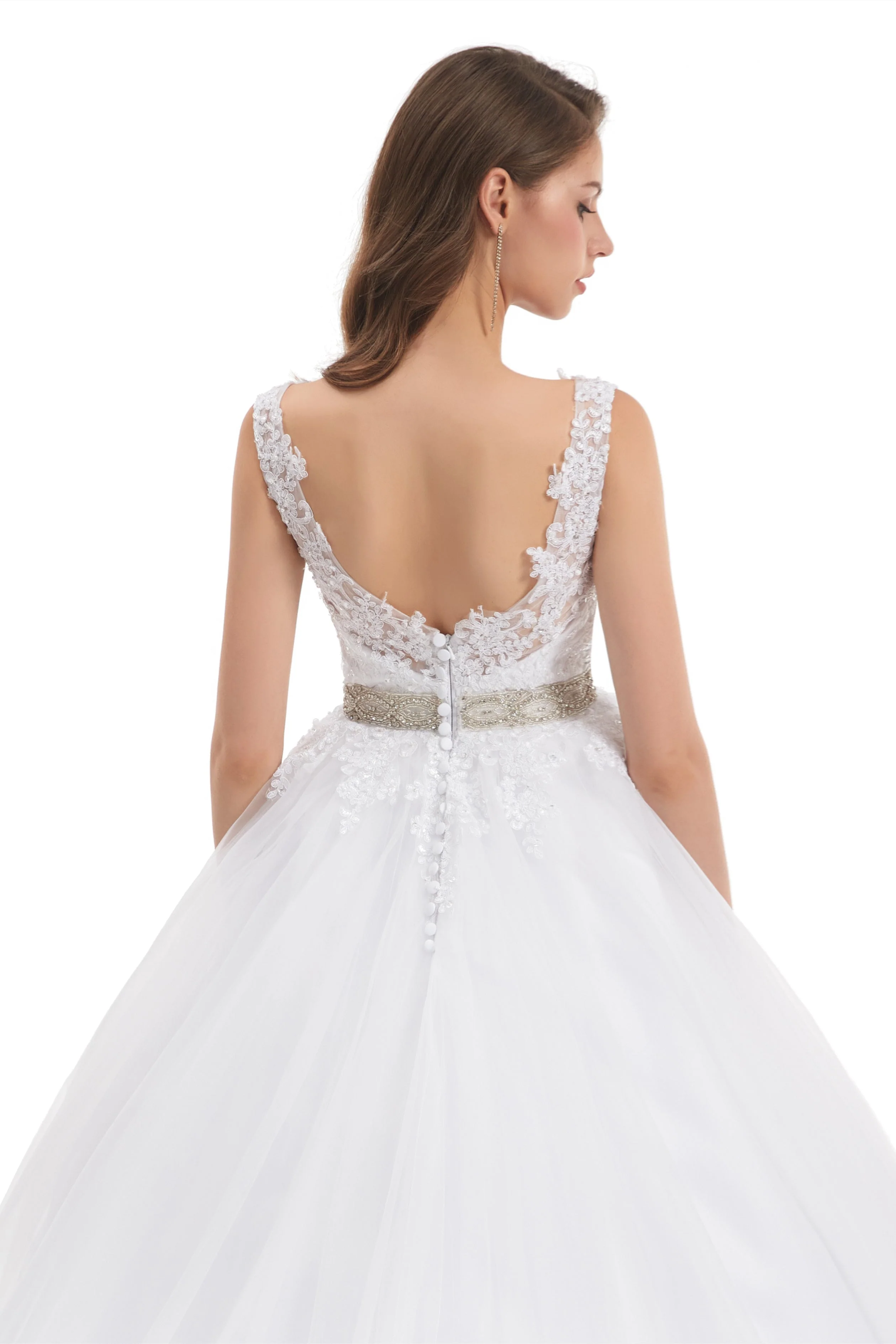 Ball Gown Round Sequined Floor-length Sleeveless Open Back Appliques Lace Wedding Dress - Image 8