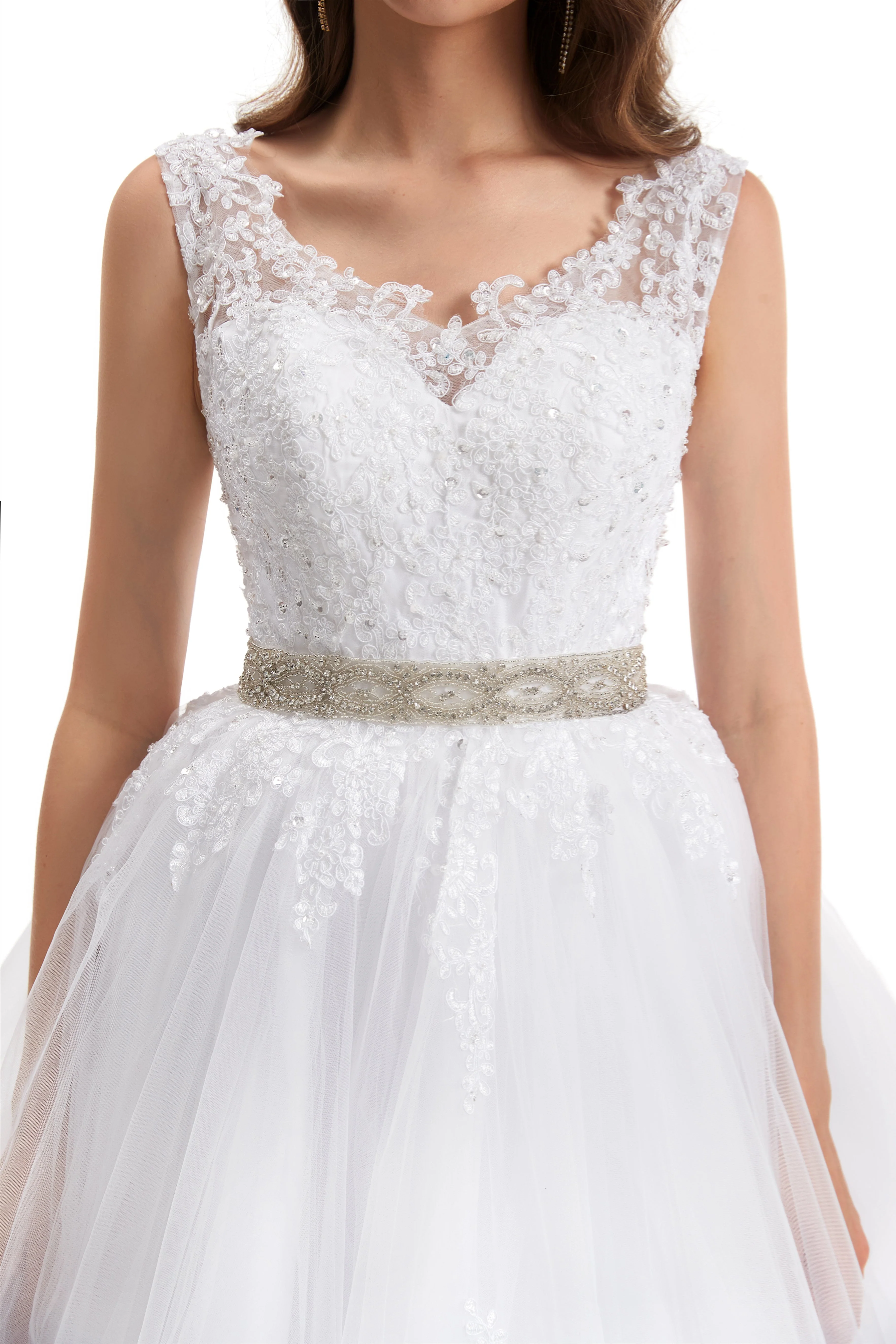 Ball Gown Round Sequined Floor-length Sleeveless Open Back Appliques Lace Wedding Dress - Image 9