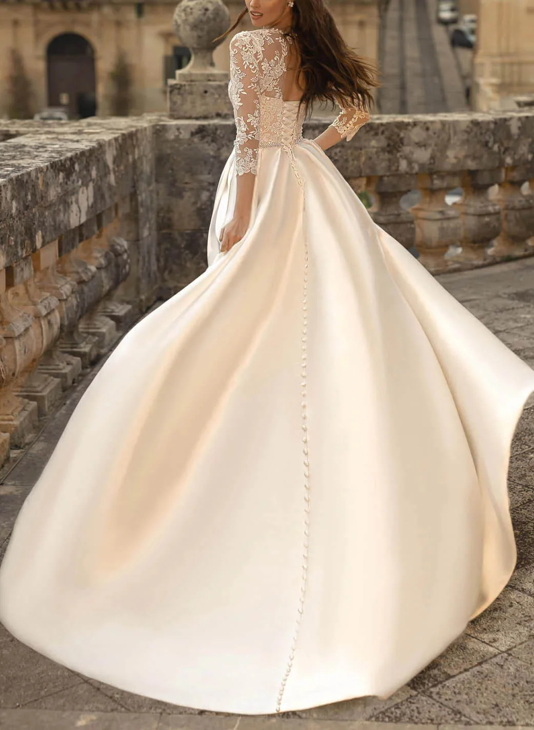 Ball-Gown Satin Wedding Dresses Stunning Lace Sleeves - Image 2
