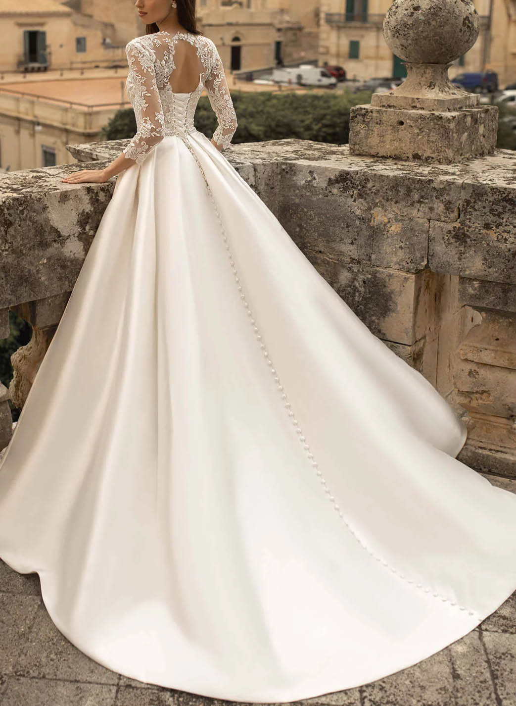 Ball-Gown Satin Wedding Dresses Stunning Lace Sleeves - Image 3