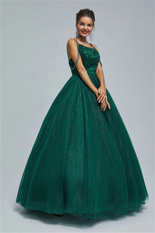 Ball Gown Spaghetti strap Square Neckline Beading Tulle Ankle Length Open Back Beautiful Prom Dress - Image 11