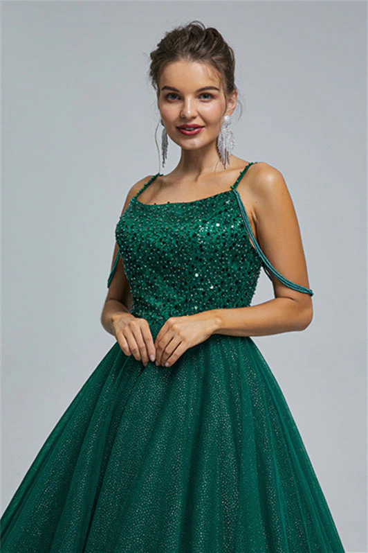 Ball Gown Spaghetti strap Square Neckline Beading Tulle Ankle Length Open Back Beautiful Prom Dress - Image 12