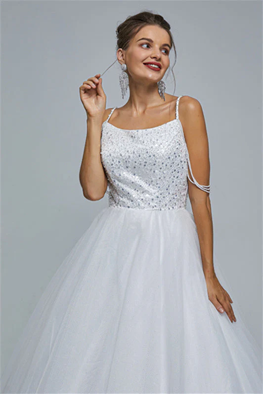 Ball Gown Spaghetti strap Square Neckline Beading Tulle Ankle Length Open Back Beautiful Prom Dress - Image 18