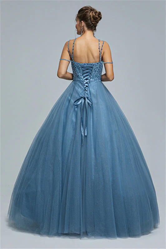 Ball Gown Spaghetti strap Square Neckline Beading Tulle Ankle Length Open Back Beautiful Prom Dress - Image 2