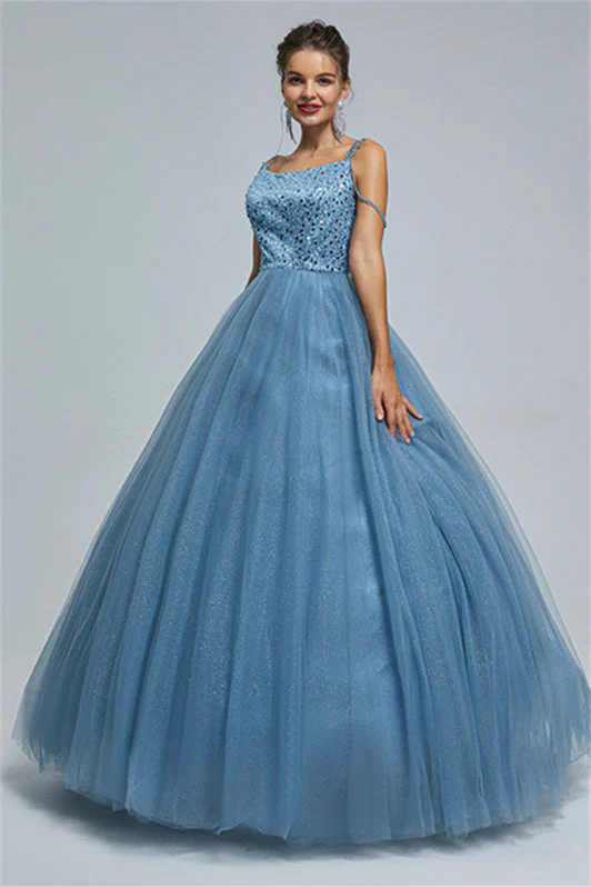 Ball Gown Spaghetti strap Square Neckline Beading Tulle Ankle Length Open Back Beautiful Prom Dress - Image 3