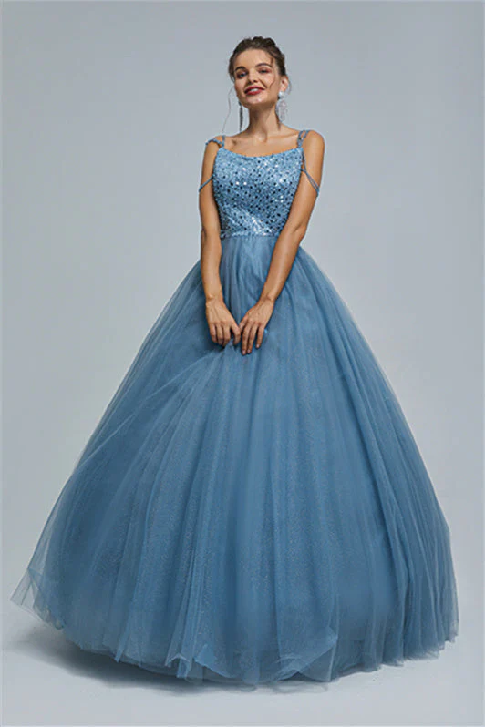 Ball Gown Spaghetti strap Square Neckline Beading Tulle Ankle Length Open Back Beautiful Prom Dress - Image 4