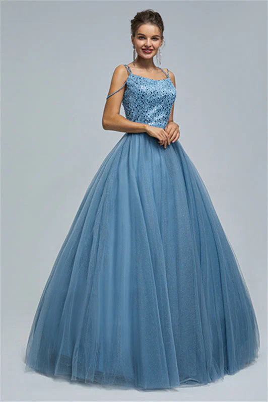 Ball Gown Spaghetti strap Square Neckline Beading Tulle Ankle Length Open Back Beautiful Prom Dress - Image 5