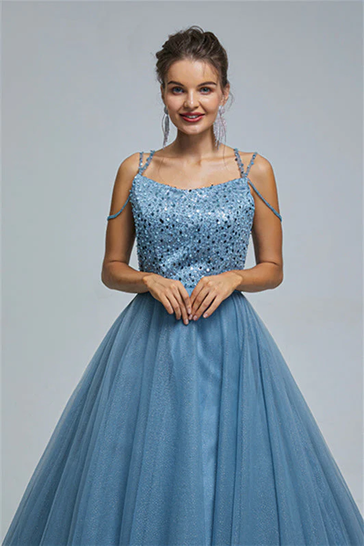 Ball Gown Spaghetti strap Square Neckline Beading Tulle Ankle Length Open Back Beautiful Prom Dress - Image 6