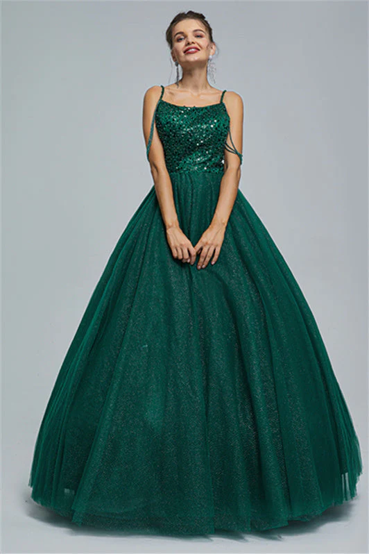 Ball Gown Spaghetti strap Square Neckline Beading Tulle Ankle Length Open Back Beautiful Prom Dress - Image 7
