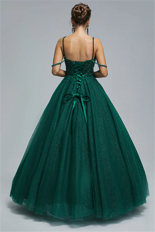 Ball Gown Spaghetti strap Square Neckline Beading Tulle Ankle Length Open Back Beautiful Prom Dress - Image 8
