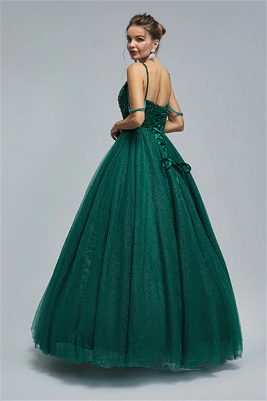 Ball Gown Spaghetti strap Square Neckline Beading Tulle Ankle Length Open Back Beautiful Prom Dress - Image 9