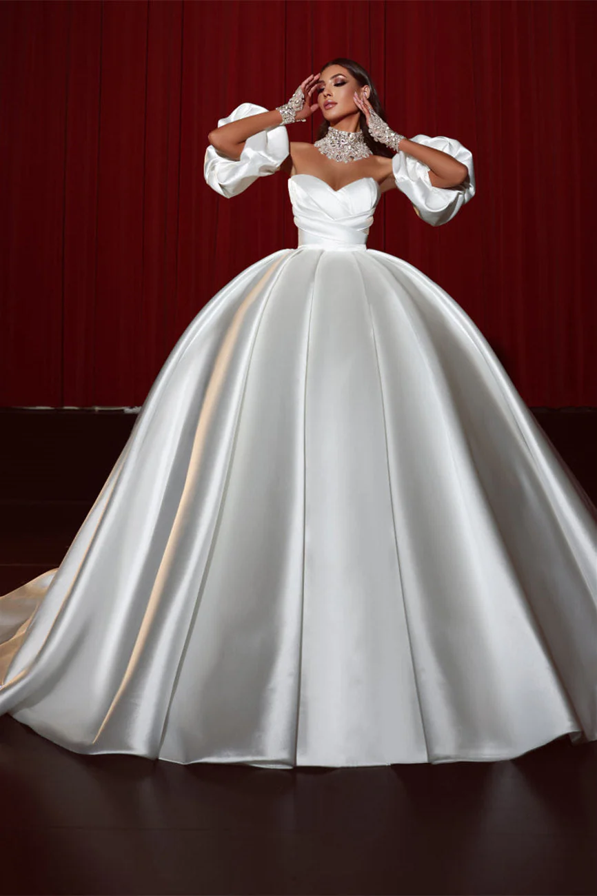 Ball Gown Strapless Sweetheart Bubble Sleeves Applique Floor-length Backless With Side Train Wedding Dress - Image 4