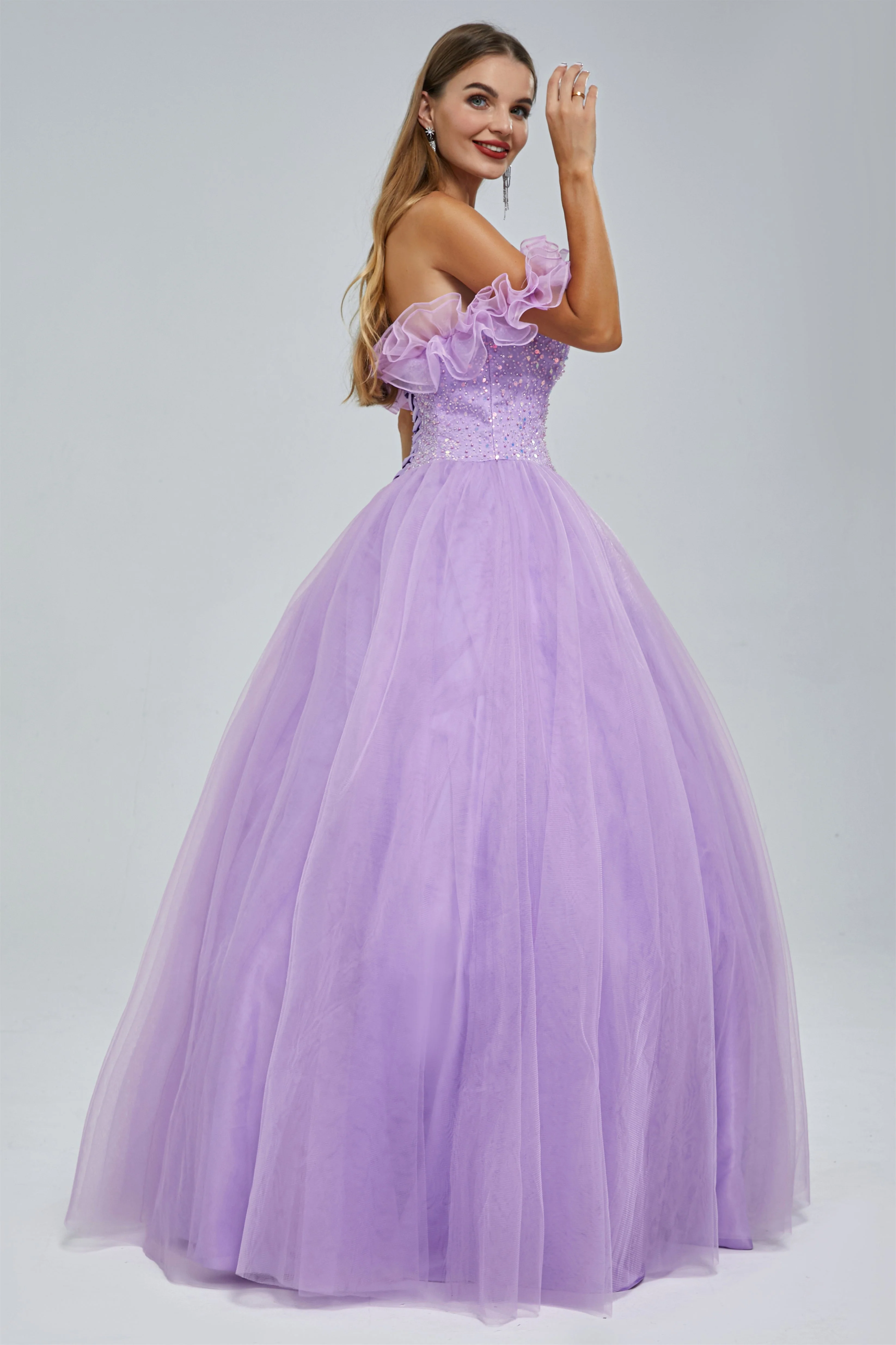 Ball Gown Strapless Tulle Sequined Beaded Floor-length Sleeveless Open Back Prom Dress - Image 6