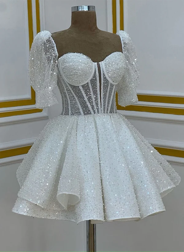 Ball-Gown Sweetheart Short Sleeves Sequined(Non-Stretch) Homecoming Dresses - Image 2