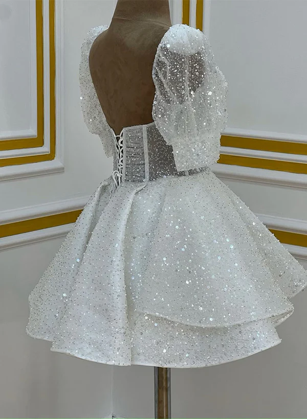 Ball-Gown Sweetheart Short Sleeves Sequined(Non-Stretch) Homecoming Dresses - Image 3