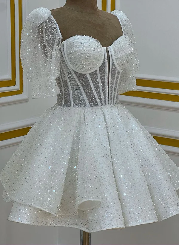 Ball-Gown Sweetheart Short Sleeves Sequined(Non-Stretch) Homecoming Dresses - Image 4