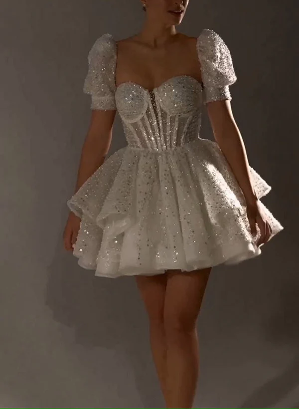 Ball-Gown Sweetheart Short Sleeves Sequined(Non-Stretch) Homecoming Dresses - Image 5