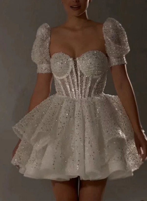 Ball-Gown Sweetheart Short Sleeves Sequined(Non-Stretch) Homecoming Dresses - Image 6