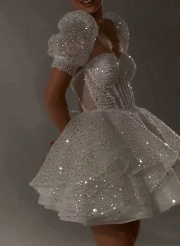 Ball-Gown Sweetheart Short Sleeves Sequined(Non-Stretch) Homecoming Dresses - Image 7
