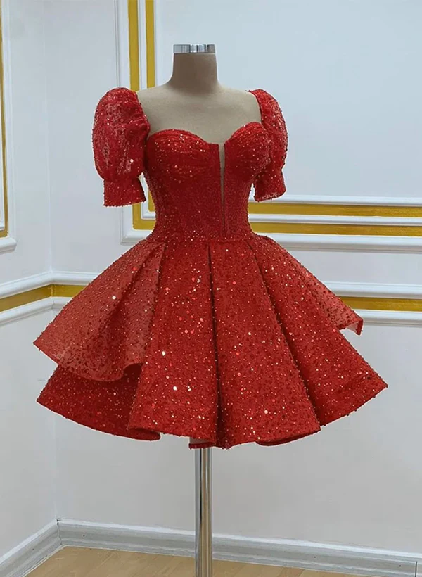 Ball-Gown Sweetheart Short Sleeves Sequined(Non-Stretch) Homecoming Dresses - Image 8
