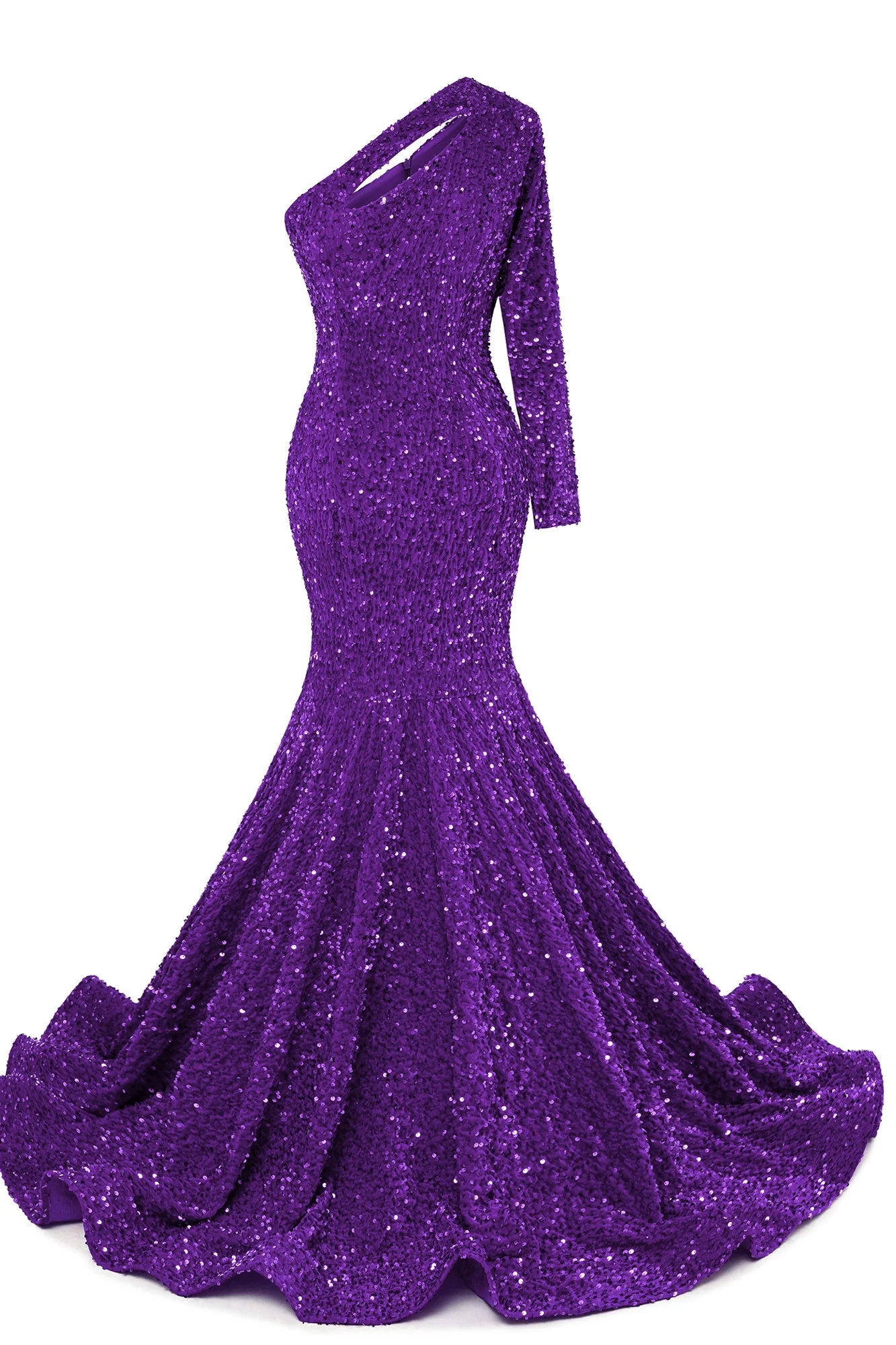 Burgundy Sequin Trumpet Sweep Train Long Sleeve Evening Dress - Image 11