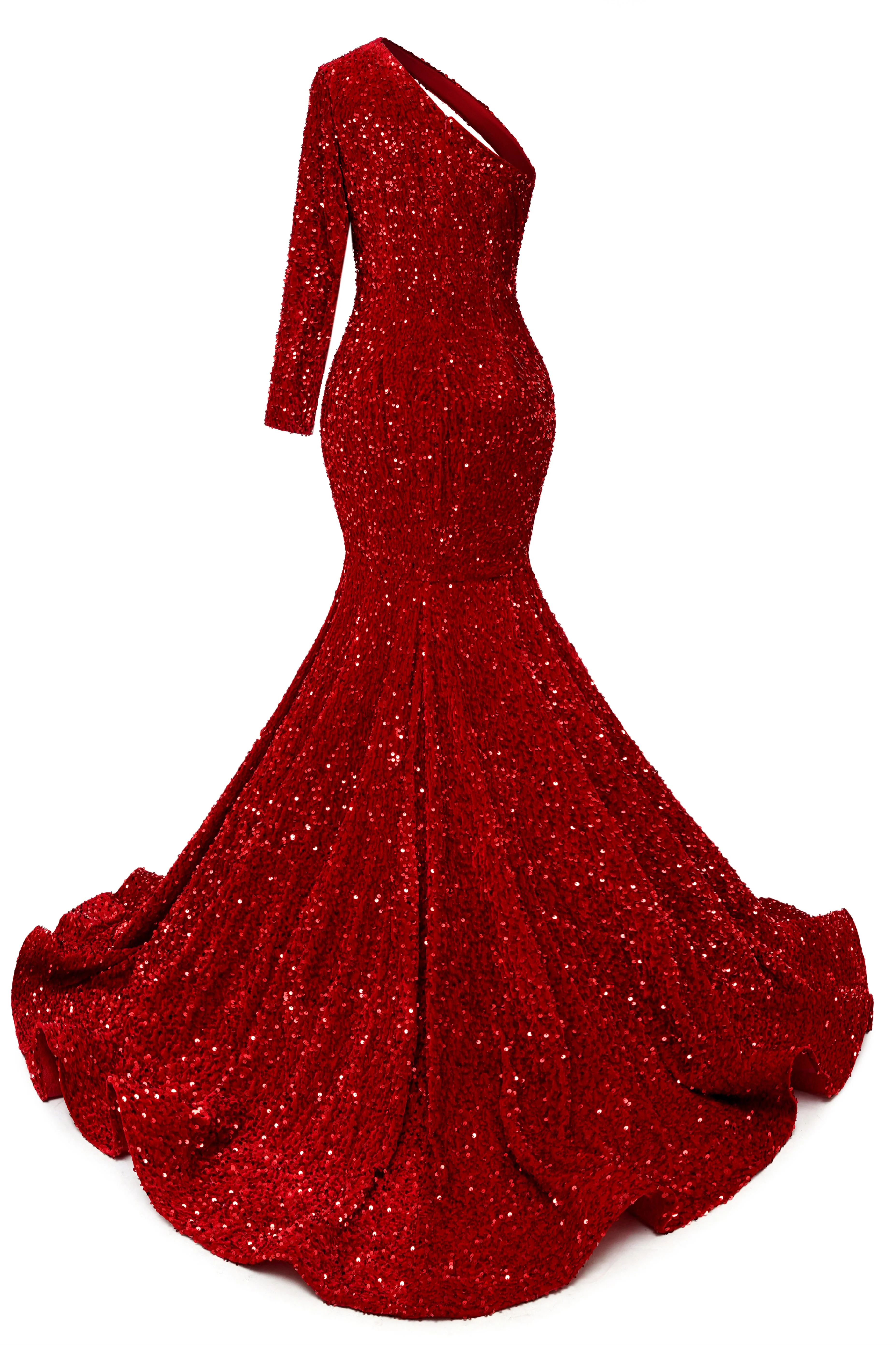Burgundy Sequin Trumpet Sweep Train Long Sleeve Evening Dress - Image 2
