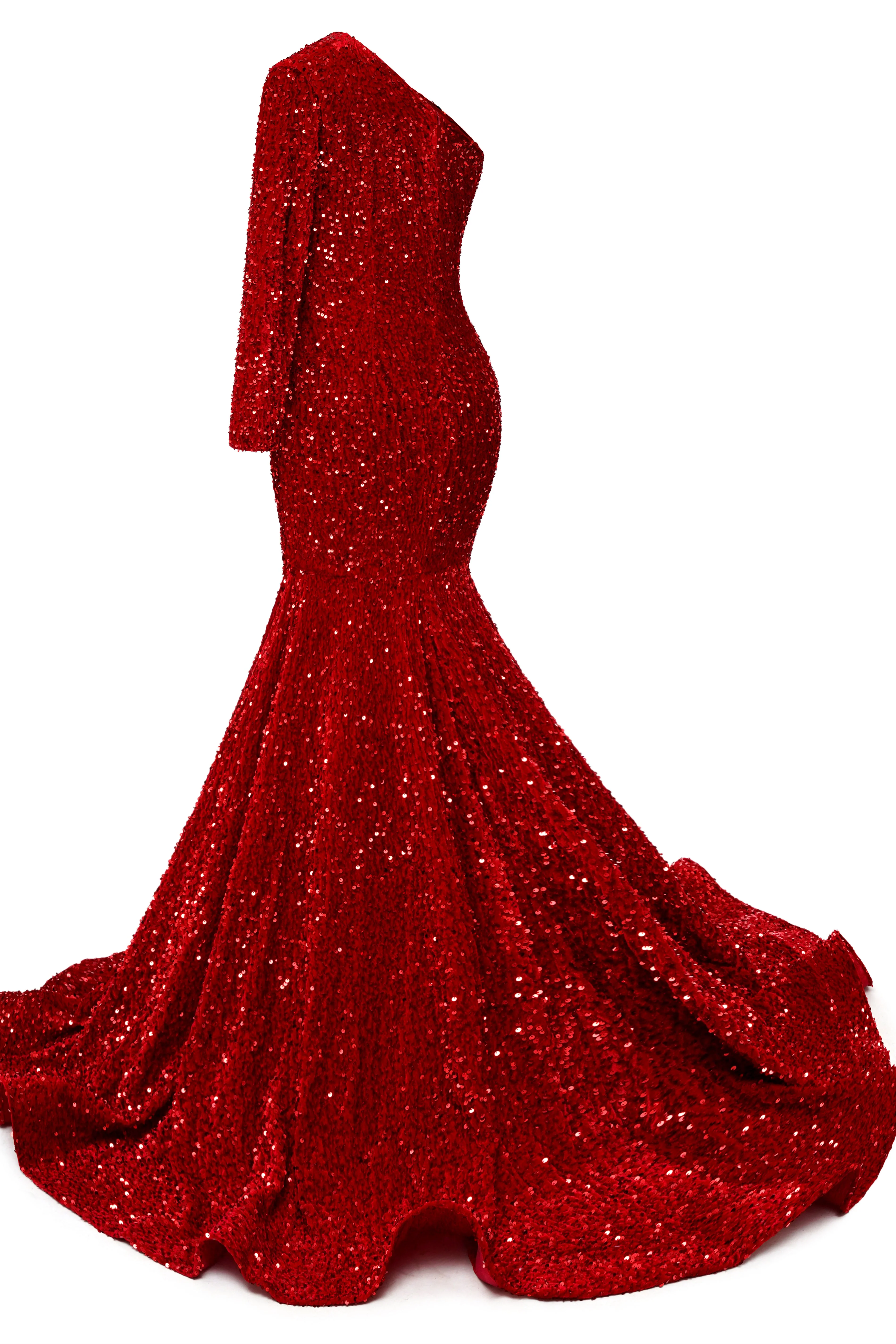 Burgundy Sequin Trumpet Sweep Train Long Sleeve Evening Dress - Image 3