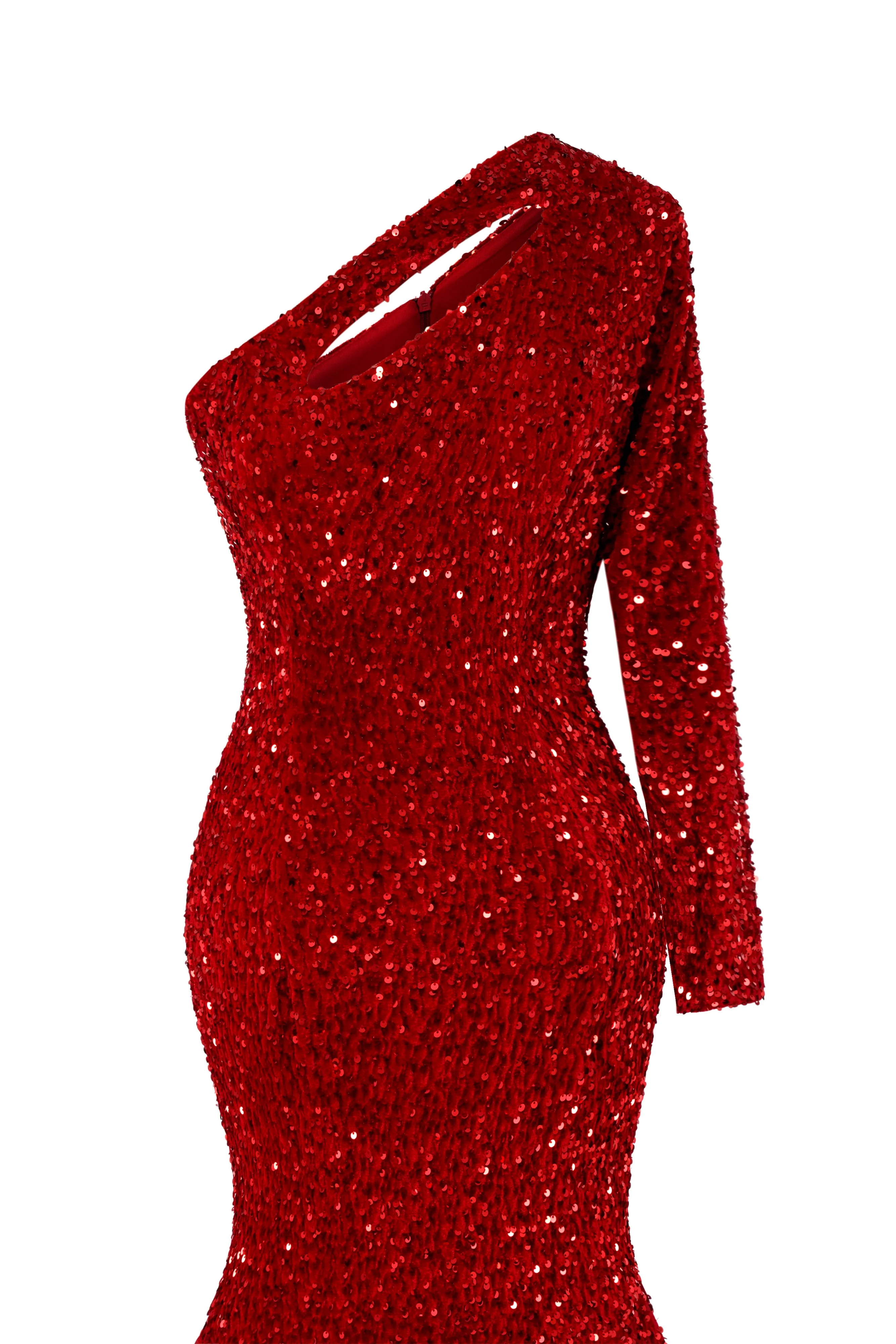 Burgundy Sequin Trumpet Sweep Train Long Sleeve Evening Dress - Image 4
