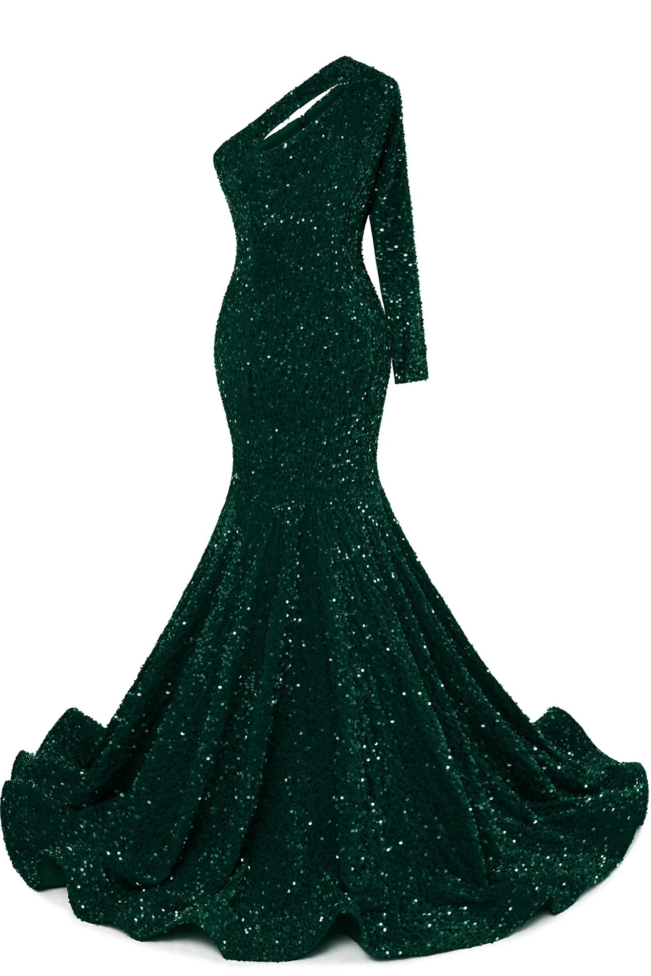 Burgundy Sequin Trumpet Sweep Train Long Sleeve Evening Dress - Image 8