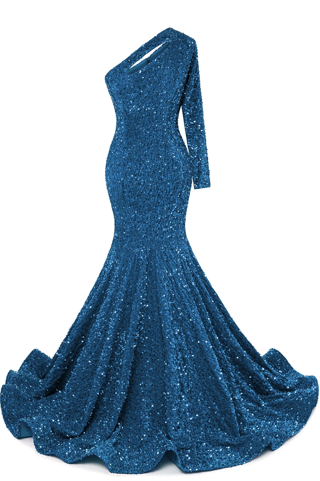 Burgundy Sequin Trumpet Sweep Train Long Sleeve Evening Dress - Image 9