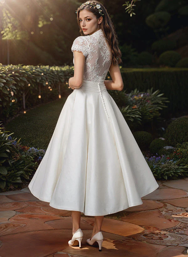 Ball-Gown V-Neck Short Sleeves Tea-Length Lace Satin Wedding Dresses - Image 2